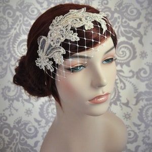 Champagne Birdcage Veil with Merry Widow Netting and Champagne Lace.  Champagne Lace Bridal Headband, Ivory, White, Champagne, Black - 123BC