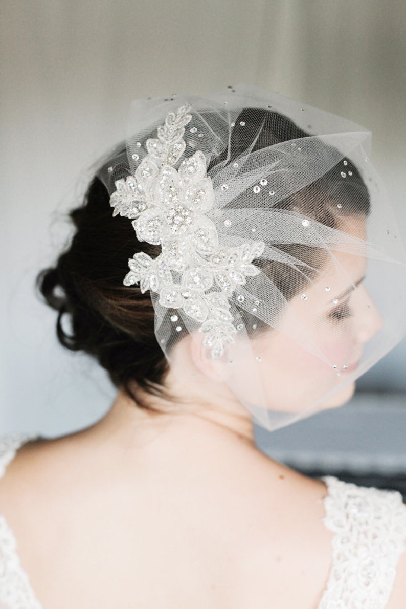 Tulle Birdcage Veil With Crystals Blusher Veil With Crystals Etsy