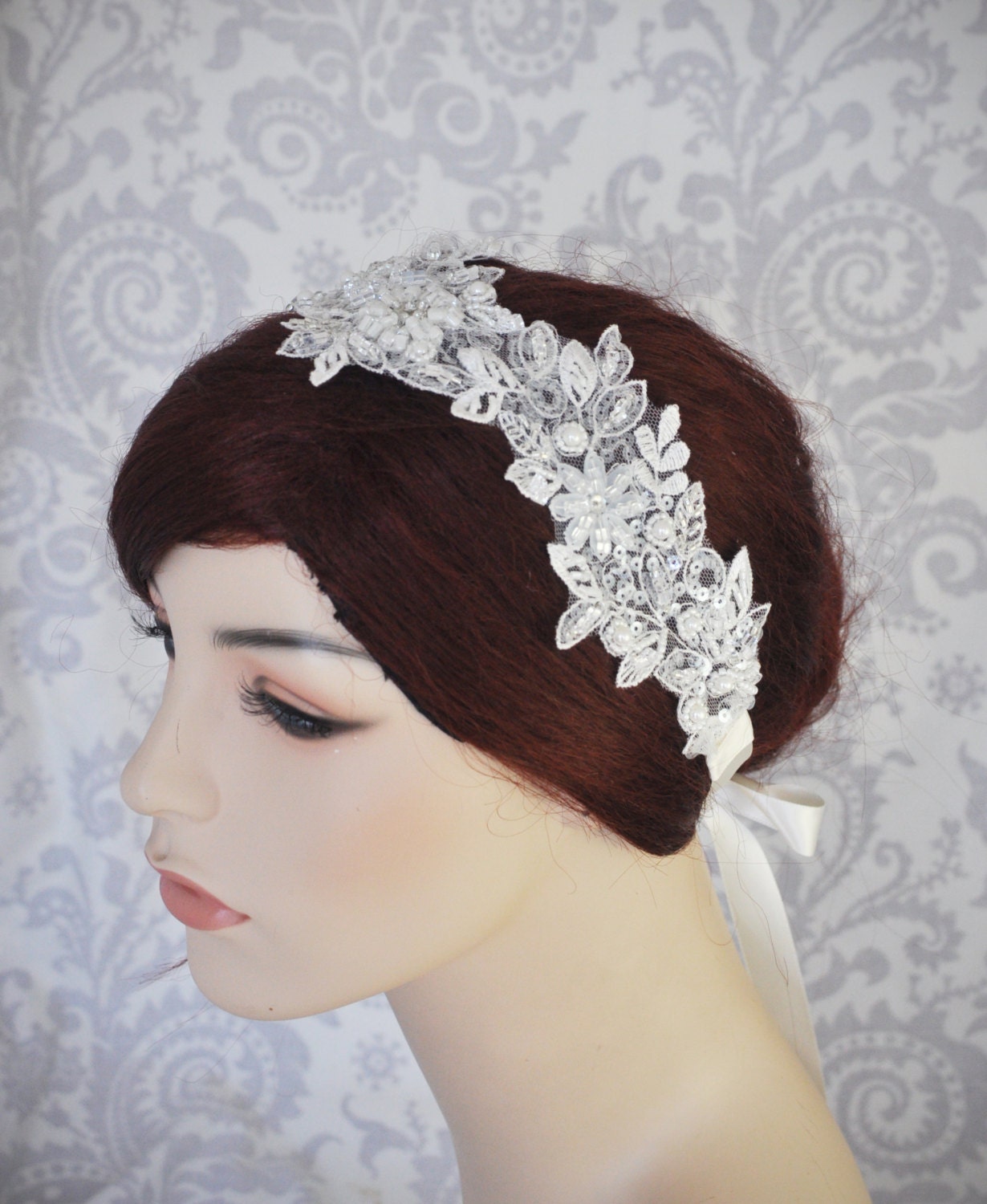 Bridal Lace Headpiece Wedding Headband With Satin Ribbon Tie Etsy