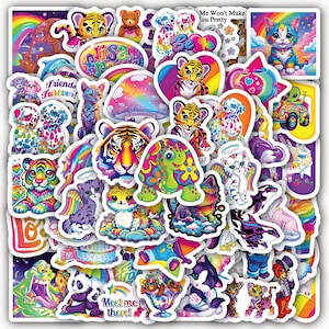 May include: A collection of colorful stickers featuring various animals including tigers, cats, dogs, and a turtle, alongside rainbows, mushrooms, and cakes. Some stickers include text such as 'Friends furever', 'Meet me there', and 'Me Won't Make You Pretty'.