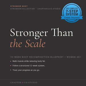 May include: A dark gray informational graphic titled Stronger Than the Scale, a 12-week body recomposition blueprint for women 40+. It features a blue circular badge stating The Complete 7-Step System, 12 weeks, one process, and bulleted text.