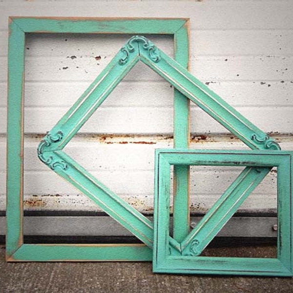 Reserved Until 01/13 - Set of 3 Mixed Sizes Aqua Mint Painted Frame