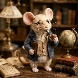 Estatueta de ratinho professor feita à mão em feltro, 8 cm, decoração de animal acadêmico em lã, enfeite fofo para mesa de biblioteca, presente acadêmico estilo cottagecore
