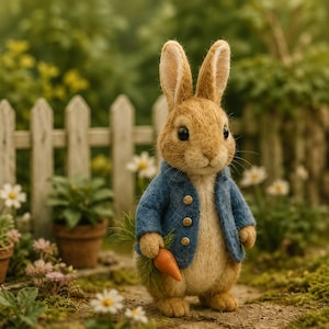 May include: A needle-felted tan rabbit figurine wearing a textured blue jacket with three small buttons. The rabbit has long ears, dark eyes, and is holding a small orange carrot with green leafy tops in its right paw, standing upright.