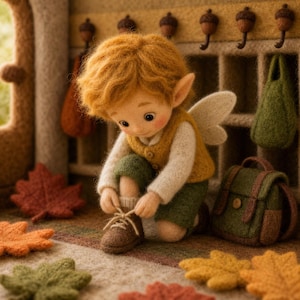 May include: A needle-felted doll with ginger hair and pointed ears, wearing a yellow vest, white long-sleeve shirt, and green shorts. The doll is kneeling to tie brown lace-up shoes, with a green felt backpack and felt leaves nearby.