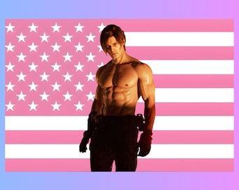 Leon S. Kennedy Pink Flag Tapestry | Resident Evil Fan Decor | Survival Horror Wall Art | Aesthetic Dorm Room Decor