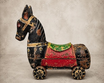 Caja de madera para tikka hecha a mano con caballo, decoración de cocina de arte popular, caja de especias vintage, caja de masala rústica, caja de almacenamiento tradicional india.