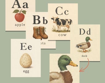 Cross Stitch Alphabet Posters, Neutral Classroom Decor, Printable ABC Art, Vintage Cozy Classroom, Kindergarten Preschool Alphabet