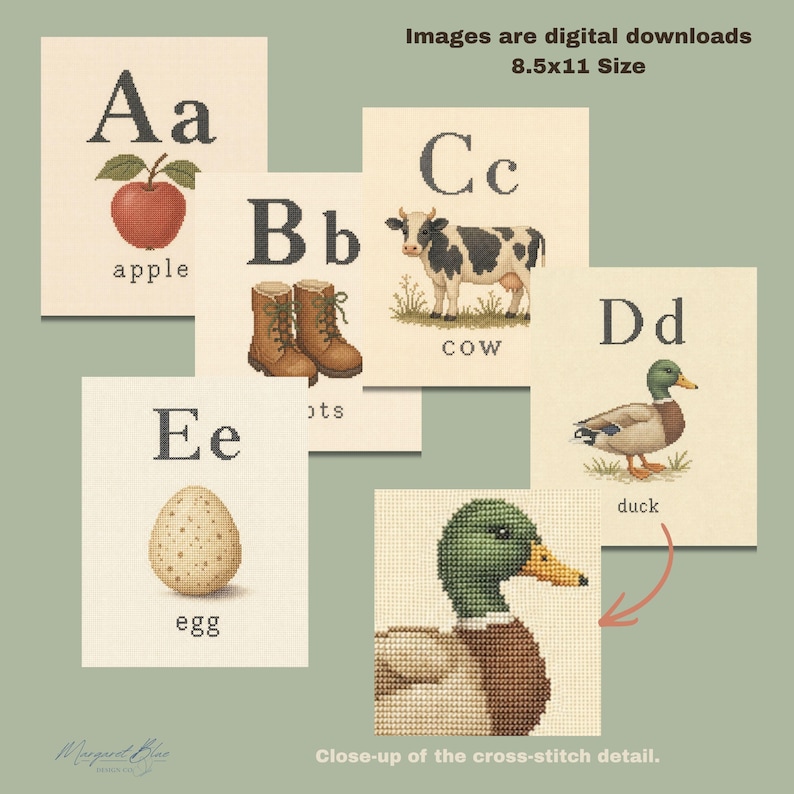 Cross Stitch Alphabet Posters, Neutral Classroom Decor, Printable ABC Art, Vintage Cozy Classroom, Kindergarten Preschool Alphabet image 1