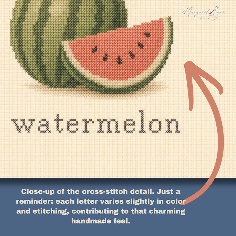 May include: A cross-stitch pattern featuring a whole green watermelon and a sliced wedge with red flesh and black seeds. The word watermelon is stitched in black thread below the fruit. The design is on a light cream grid fabric background.
