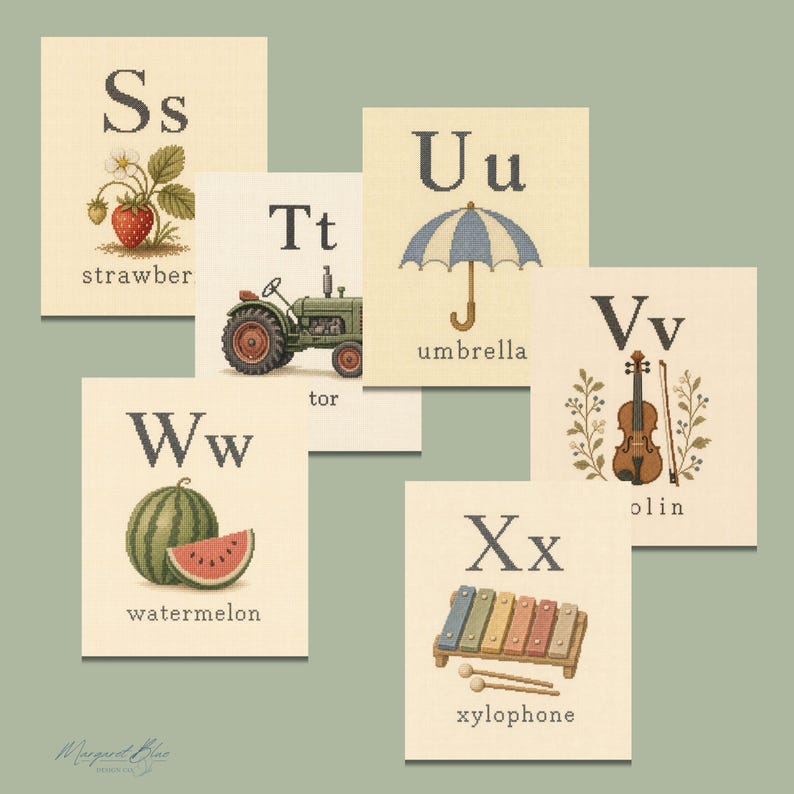 May include: A set of six educational alphabet cards featuring the letters S, T, U, V, W, and X. Each card displays a corresponding illustration: a strawberry, a green tractor, a blue umbrella, a violin, a watermelon, and a colorful xylophone.