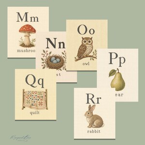May include: A set of six educational alphabet cards featuring letters M through R. Each card displays an uppercase and lowercase letter, a corresponding illustration including a mushroom, nest, owl, pear, quilt, and rabbit, and the printed word.