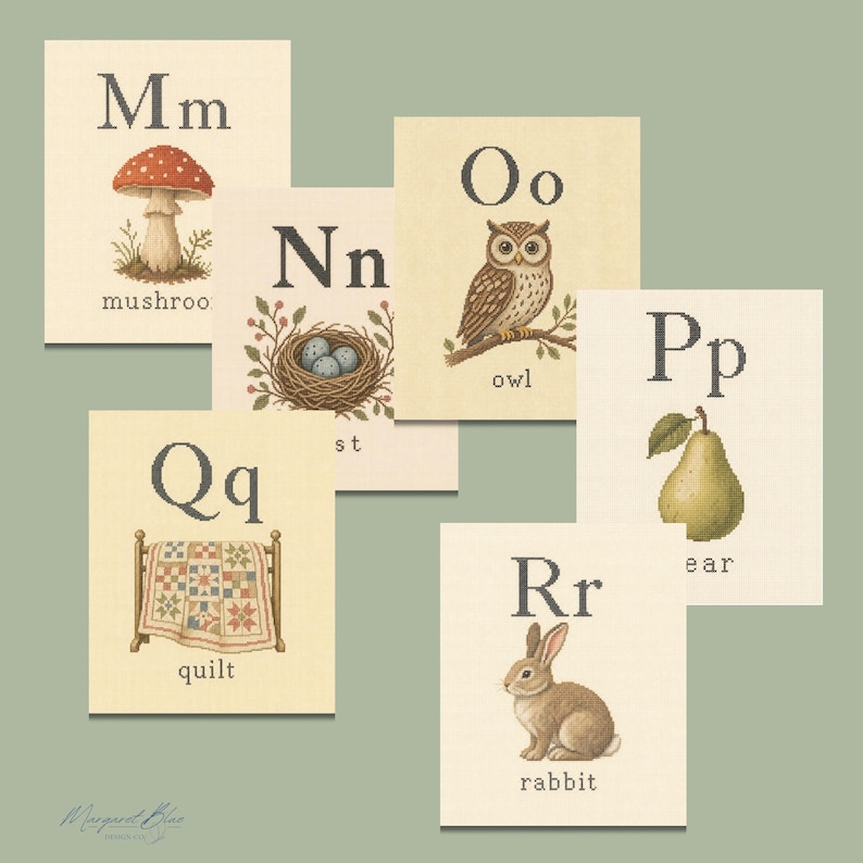 May include: A set of six educational alphabet cards featuring letters M through R. Each card displays an uppercase and lowercase letter, a corresponding illustration including a mushroom, nest, owl, pear, quilt, and rabbit, and the printed word.