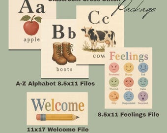 Vintage Classroom Posters, Alphabet Signs, Welcome Class Poster, Emotions Signs, Cozy Classroom, Cross-Stitch Classroom
