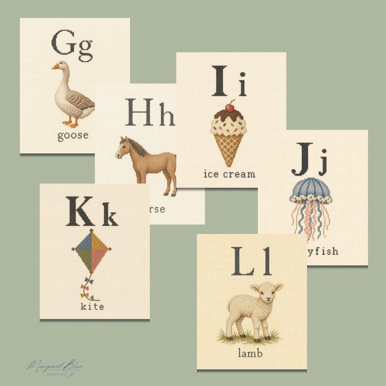 May include: A collection of six rectangular cards featuring cross-stitch alphabet letters Gg through Ll. Each card displays a letter, a corresponding illustration of a goose, horse, ice cream, jellyfish, kite, or lamb, and the printed word below.
