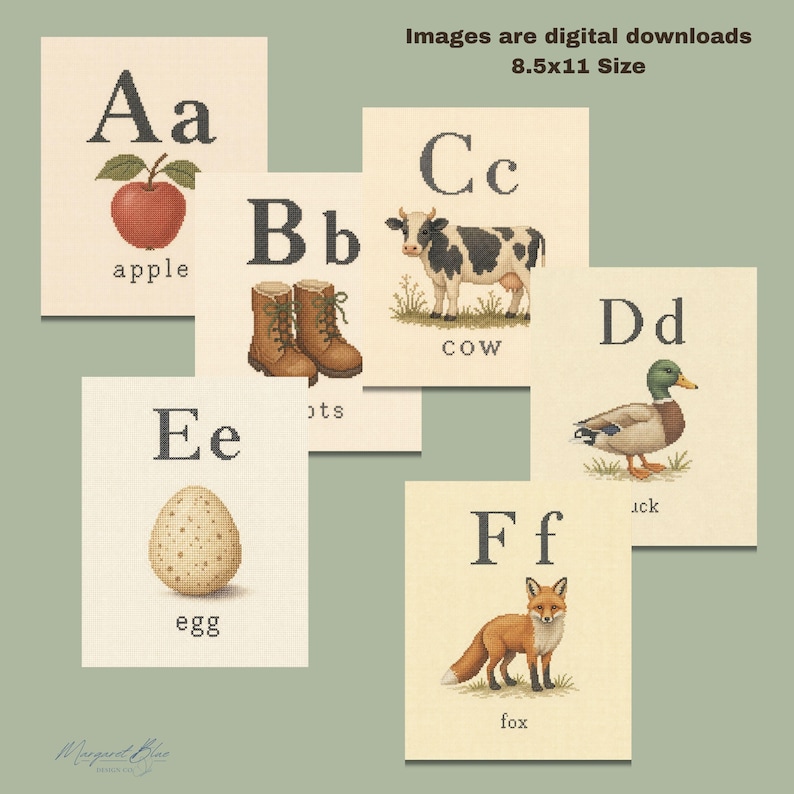 Cross Stitch Alphabet Posters, Neutral Classroom Decor, Printable ABC Art, Vintage Cozy Classroom, Kindergarten Preschool Alphabet image 3