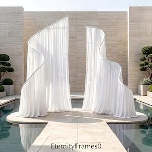 May include: Two tall, white, curved architectural structures featuring draped fabric panels that create a wave-like silhouette. The structures are positioned on a stone platform near a pool. The text "EternityFrames0" is visible at the bottom.