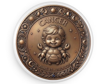 Imán del signo zodiacal Cáncer | Imán de bronce con medallón zodiacal para nevera | Regalo astrológico | Decoración del horóscopo de Cáncer | Del 21 de junio al 22 de julio