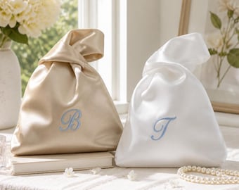 Custom Embroidered Satin Japanese Knot Bag, Personalized Bridesmaid Gift Clutch, Monogram Evening Pouch, Bridal Party Wristlet Bag