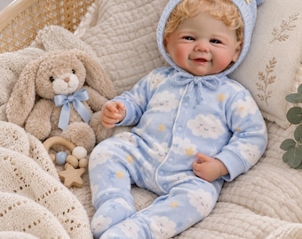Poupée reborn de 48 cm (19 pouces) en vinyle, cheveux bouclés, éveillée, avec tenue, cadeau pour enfants.