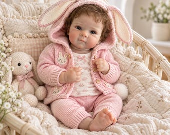 May include: A realistic baby doll with brown hair wearing a light pink knitted cardigan with a hood featuring long rabbit ears, a white floral patterned shirt, and matching pink knitted trousers, accompanied by a small plush rabbit toy.
