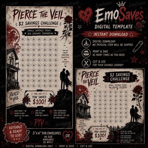 May include: A digital savings challenge template titled Pierce the Veil featuring a haunted house, a couple silhouette, and red roses. The design includes a grid of hearts marked $2, text stating You Saved $100, and instructions for use.