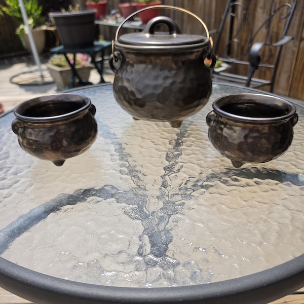 Vintage McCoy Stoneware Bean Pot & 2 Bowls, Hammered Bronze Luster Finish, 2 Qt Cauldron, Rustic Kitchen Decor
