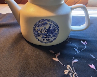 Vintage McCoy Blue Willow Teapot, White Ceramic Collectible Tea Pot, Farmhouse Cottage Decor