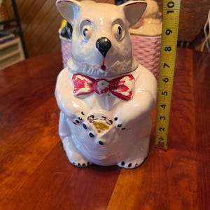 Vintage McCoy White Bear Cookie Jar, 1940s USA Pottery, Red Bow Tie & Vest, Rare Bear Kitchen Canister, Farmhouse Decor
