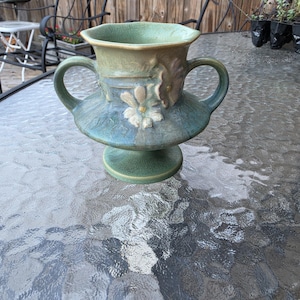 Vintage 1940s Roseville Pottery Cosmos Vase, Green & Turquoise Matte Glaze, Art Pottery, Ohio Pottery, Mid Century Decor, Collectible Cerami