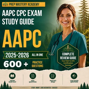 Puede incluir: Una guía de estudio Prep Mastery Academy AAPC CPC Exam 2025-2026 con más de 600 preguntas de práctica. El texto incluye Theory Made Easy, Past Questions, Practice MCQs, Case-Based Questions y el lema Study Smart. Code Accurately. Succeed.