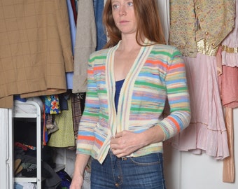anni '70 xs donna cardigan arcobaleno a righe maniche a quarti primavera Pasqua estate blu verde copertura boho casual preppy arancione piccolo top vintage