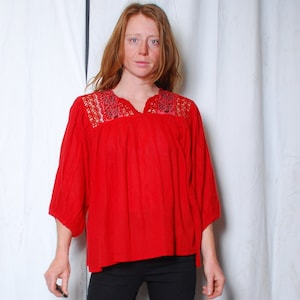 70s medium boho hippie blouse red netted embroidered puff sleeve loose fit pleated floral spring summer linen hippy festival shirt rose image 1