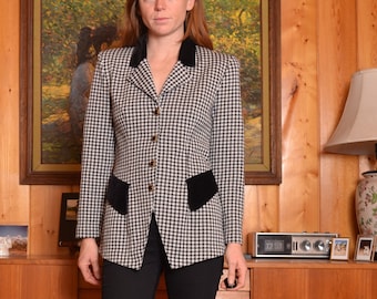 90s small houndstooth knit jacket velvet collar long blazer suit coat women Pssst black white mod preppy Clueless button down 80s y2k tunic