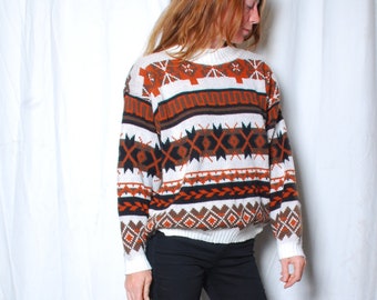 90s large acrylic spot sweater crew neck brown orange white abstract ski pullover winter fall holiday novelty Cabin Creek snowflake knit top