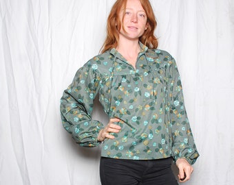 70s small green puff long sleeve blouse womens vintage abstract polkadot shirt prairie geometric rose print psychedelic boho hippie peasant