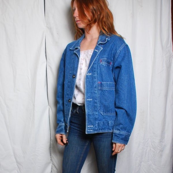 Vintage medium Gap Clothing Co USA blue jean cotton button down work coat chore jacket mens womens 70s 80s 90s retro western work med wash