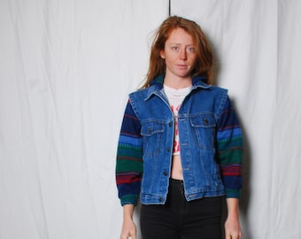 90s small denim hoodie jacket blue green pilled thrashed vest fall winter camping Northern Territory green red striped hipster boho hip