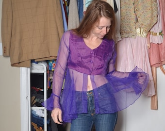 90s medium purple sheer ruffle top long sleeve blouse button down belly shirt Stepping Out Clueless neon purple dress shirt festival boho