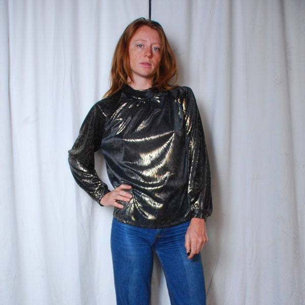 80s medium gold black metallic high neck blouse shoulder pads party disco holiday New Years evening watery shimmery small Liquid glam boho