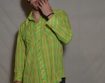 80s large 16.5-33 Champion Westerns lime green plaid pearly snap button down long sleeve county western dagger collar men shirt boho country