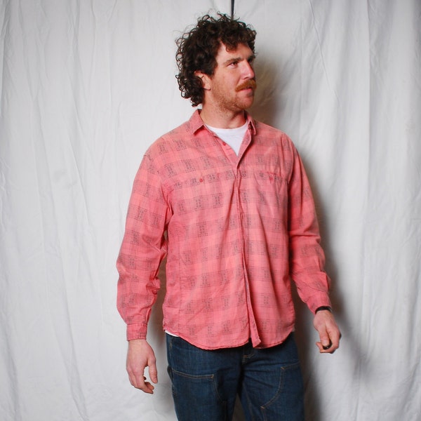 80s large red pink plaid faded long sleeve mens button down shirt long sleeve Generra collection cotton Rami western indie grunge Nirvana