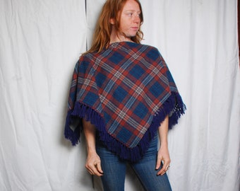 vintage plaid laine poncho s’adapte à tous les bleu orange frange veste manteau de vacances d’hiver coverup femmes rétro vêtements diamant mode boho hippie