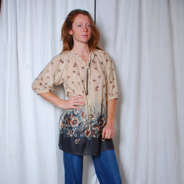 70s small medium floral tunic peasant top puffy shirt blouse women back tan brown fall color boho hippie festival causal ascot bow tie sheer