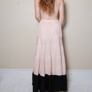 30s small medium slip skirt long floor length soft pink black hem distressed thrashed vintage lingerie rayon Edwardian elegant boho hippie