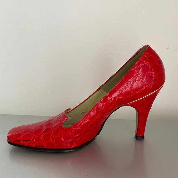 50s 6.5 red faux alligator high heel womens dress shoe Johansen Lewis Designs square toe wedding date night fake leather vintage 60s mod