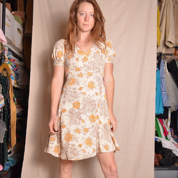 70s xs yellow floral brown allover print mini dress puff sleeve waist sash USA party dancing skirt line drawing vintage womens clothes top