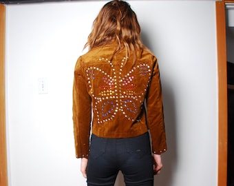 70s pequeña chaqueta de pedrería marrón mariposa mariposa terciopelo boho hipster estrella de rock moda daga collar snap evento arco iris fresco