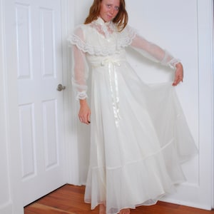 80s medium long sleeve Gunne Sax style Prom and Promises whiteish lace frilly wedding event gown long dress floral full skirt high collar image 1