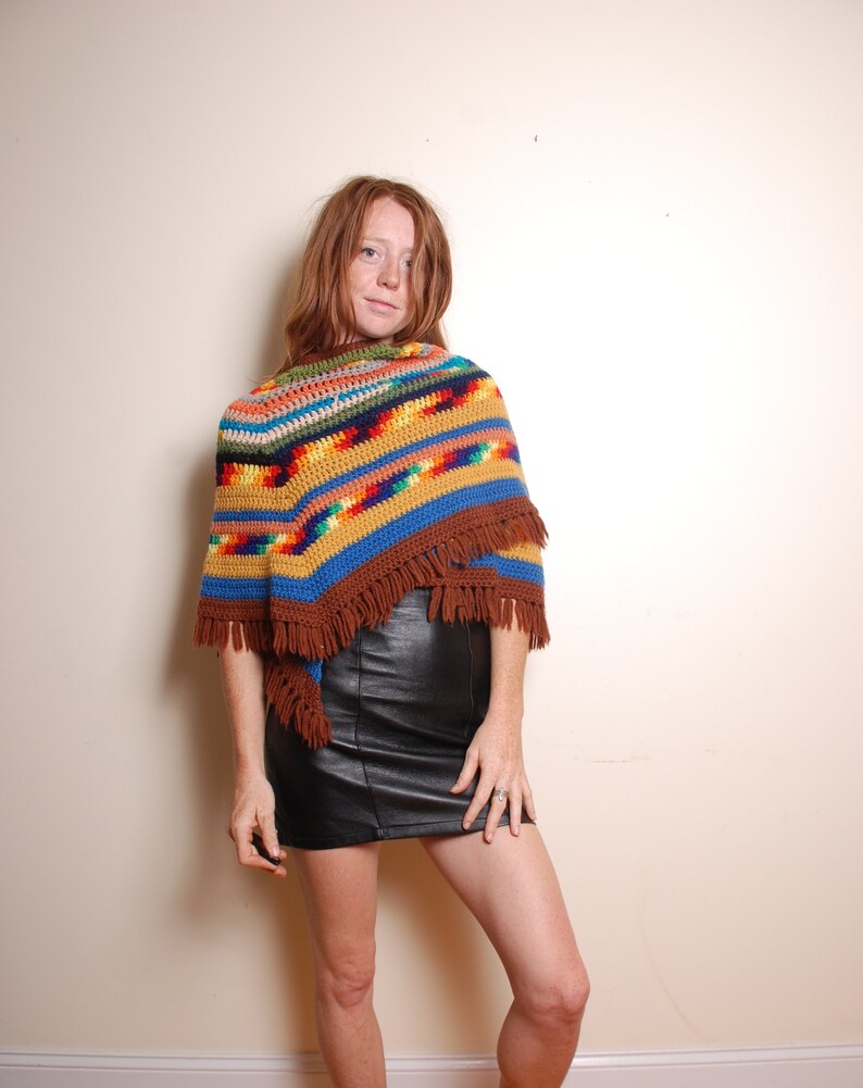 70s knit poncho fits all womens rainbow hippie boho jacket coat brown blue yellow shawl festival holiday winter coverup fringe statement